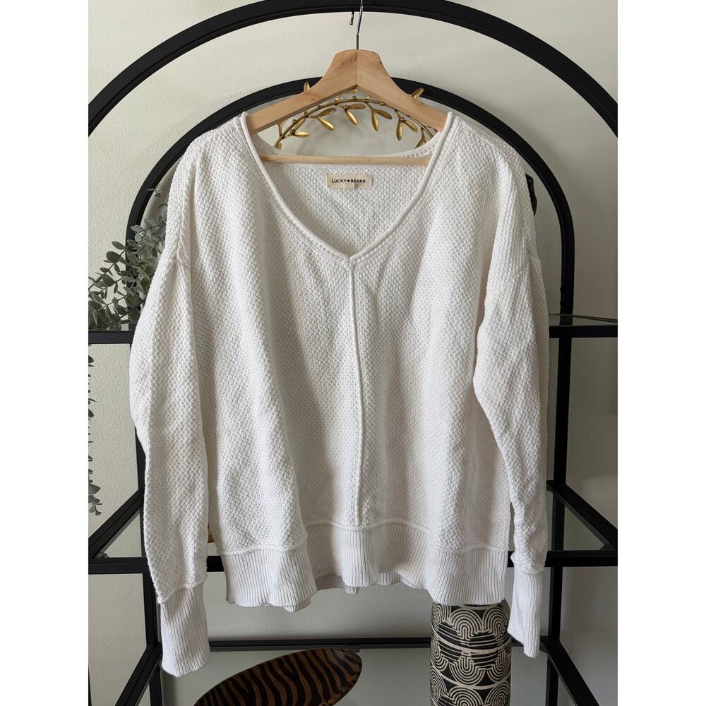 Lucky Brand Womens L White Thermal Knit Sweater V Neck Textured Relaxed Pullover